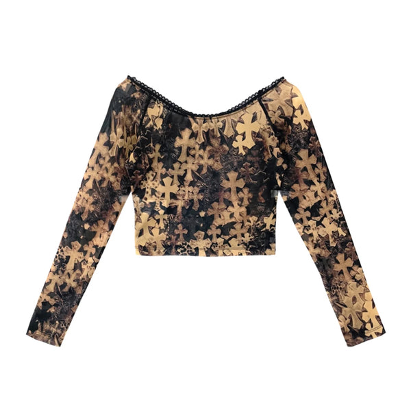CHROME HEARTS / クロムハーツ クロス プリント オフショルダー ロング スリーブ トップ レディース crsoffshoulder