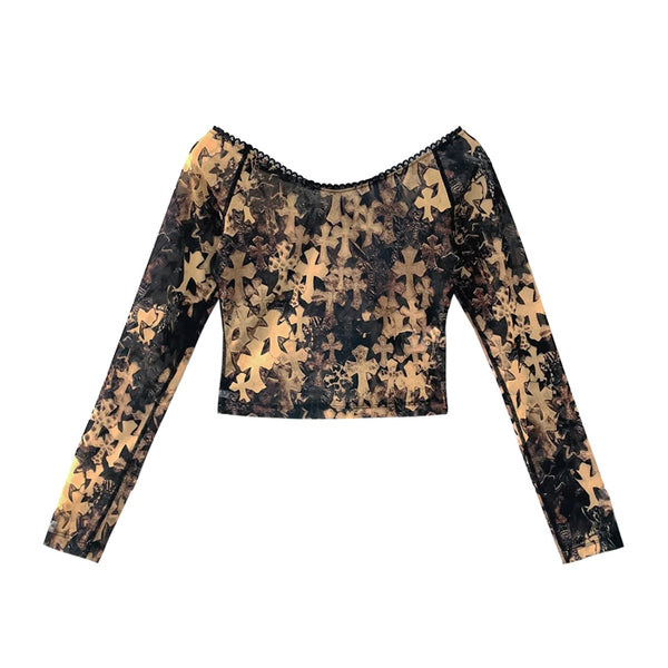 CHROME HEARTS / クロムハーツ クロス プリント オフショルダー ロング スリーブ トップ レディース crsoffshoulder