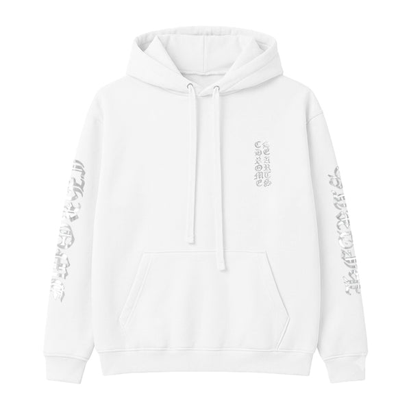 CHROME HEARTS / クロムハーツ ホワイト × シルバー プリント ヴァーティカル ロゴ フーディー verticallgwhsvs